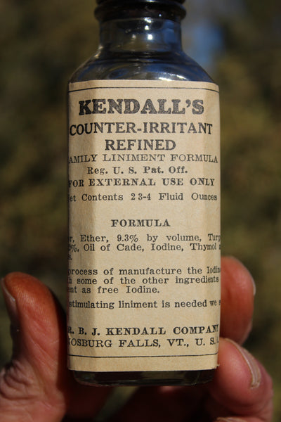 Old Apothecary Bottle  - Circa 1940's - KENDALL'S  - COUNTER IRRITANT - Enosburg Falls, VT., Fine Condition w/Box, Label, and Contents   -  Please No Discount Codes On This Listing