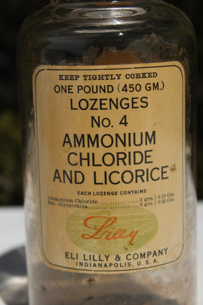 Old Apothecary Bottle  - Circa 1890 to 1910 -  Pharmacy Jar - LOZENGES NO. 4 AMMONIUM CHLORIDE AND LICORICE - Eli Lilly & Company - w/ Glass Stopper and Fine Label -  Fine Condition -  Please No Discount Codes On This Listing