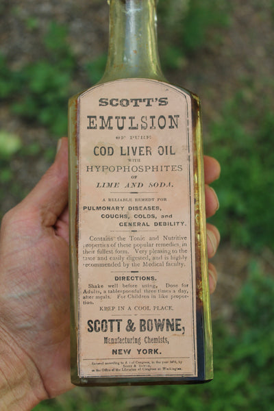 Old Apothecary Bottle - Scotts Emulsion Cod Liver Oil With Lime & Soda 9.5" Tall  Outstanding Label & Embossed - Please No Discount Codes On This Listing