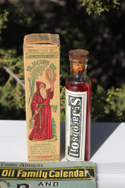 Old Apothecary Bottle  -Circa 1880 to 1930's - ST. JACOB'S OIL (Unopened Mint Bottle with Fine Box 1930's) Early Ad Card &  1885 Family Calendar - Humor Booklet - Real Cool Set  -  Please No Discount Codes On This Listing
