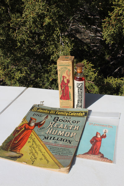 Old Apothecary Bottle  -Circa 1880 to 1930's - ST. JACOB'S OIL (Unopened Mint Bottle with Fine Box 1930's) Early Ad Card &  1885 Family Calendar - Humor Booklet - Real Cool Set  -  Please No Discount Codes On This Listing
