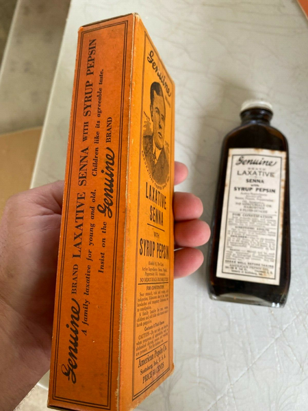 Old Apothecary Bottle - Vintage American Pepsin Co Medicine Bottle w Box Syrup Pepsin Laxative Senna  - Please No Discount Codes On This Listing