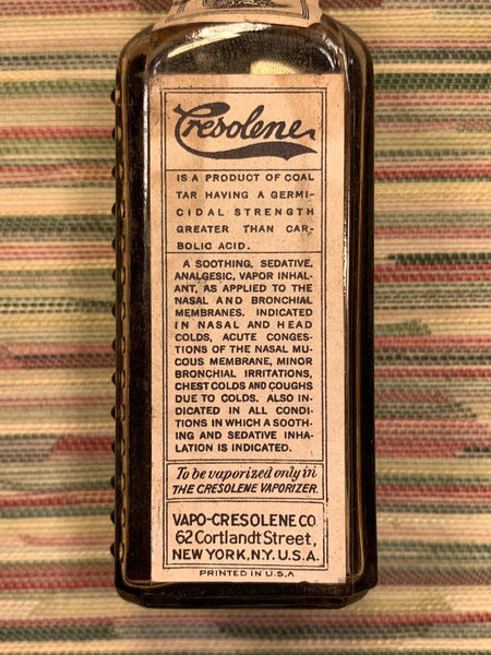 Old Apothecary Bottle - VERY RARE 1890'S VAPO CRESOLENE CO. NY POISON CORK TOP BOTTLE CONTENTS - EMBOSSED!+- Please No Discount Codes On This Listing