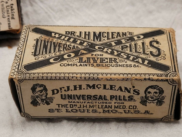 Old Apothecary Bottle -FULL EMBOSSED LABELED DR J. H. MCLEANS WHITE CRYSTAL COATED UNIVERSAL PILLS - Please No Discount Codes On This Listing