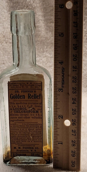 Old Apothecary Bottle - EMBOSSED DR. M. M. FENNER'S GOLDEN RELIEF ORIGINAL LABELS MEDICINE FREDONIA NY - Please No Discount Codes On This Listing