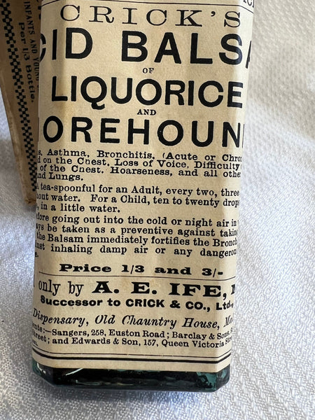 Old Apothecary Bottle - Vtg Crick's Acid Balsam Liquorice & Horehound Drug Store Glass Bottle In Box - Please No Discount Codes On This Listing
