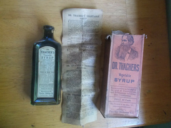 Old Apothecary Bottle - DR.THACHER'S VEGETABLE SYRUP CHATTANOOGA EMB WITH LABEL, CORK BOX & ADV.FLYER - Please No Discount Codes On This Listing