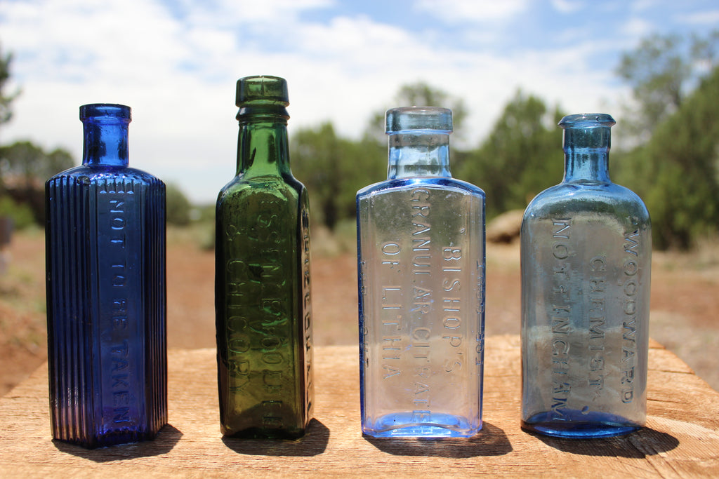 SPECIAL FUND RAISER - (4) Spectacular OLD MEDICINE BOTTLES - Beautiful Display -