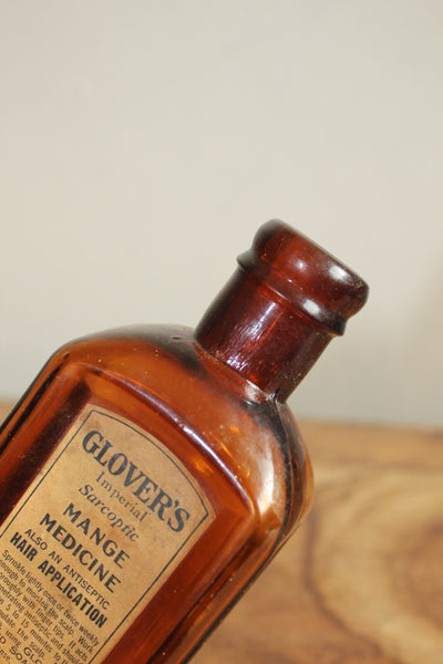 Fund Raiser - MEDICINE BOTTLE GLOVER'S MANGE MEDICINE Label Embossed Fine Condition