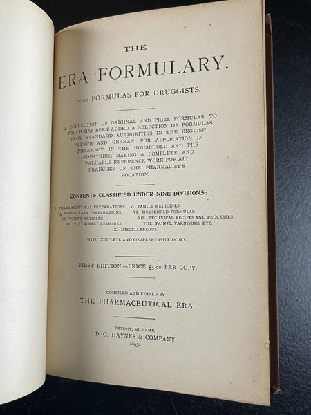 1893 - The Era Formulary, 5000 Druggist Medicine Remedy Recipes & Processes Bitters, etc. AN IMPORTANT RESOURCE