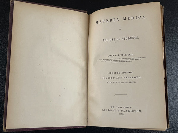 1876 Materia Medica, Biddle, Medicinal Plants, Poison Antidotes, etc. - Very Good Condition of Scarce Work