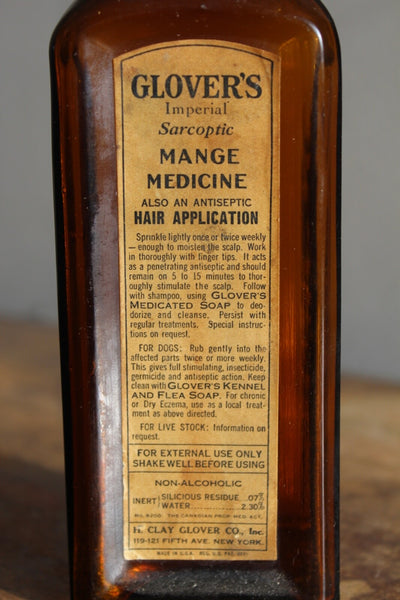Fund Raiser - MEDICINE BOTTLE GLOVER'S MANGE MEDICINE Label Embossed Fine Condition
