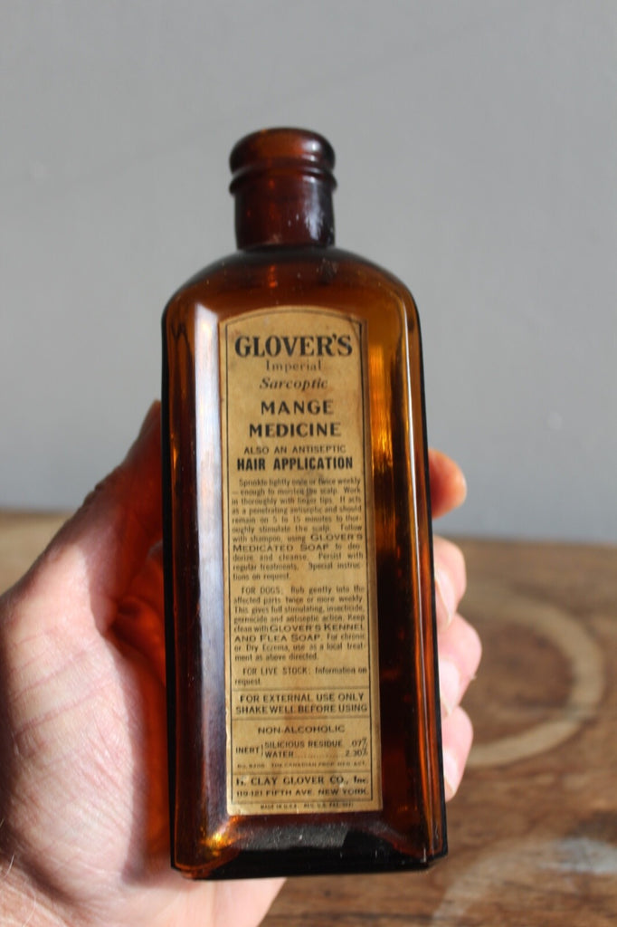 Fund Raiser - MEDICINE BOTTLE GLOVER'S MANGE MEDICINE Label Embossed Fine Condition