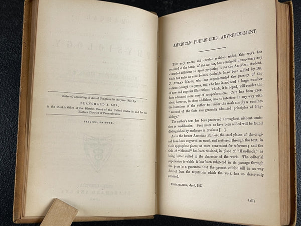 1857 Manual of Physiology Kirkes, Medical Leather Bound Heart Brain Vision Illus., Very Good Copy Of Rare Work!