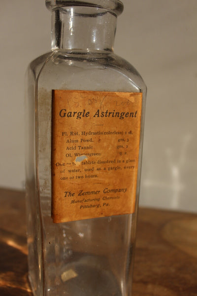 Fund Raiser - MEDICINE PHARMACY GARGLE ASTRINGENT Zimmer Co. Pittsburg, Pa. Label & Embossed