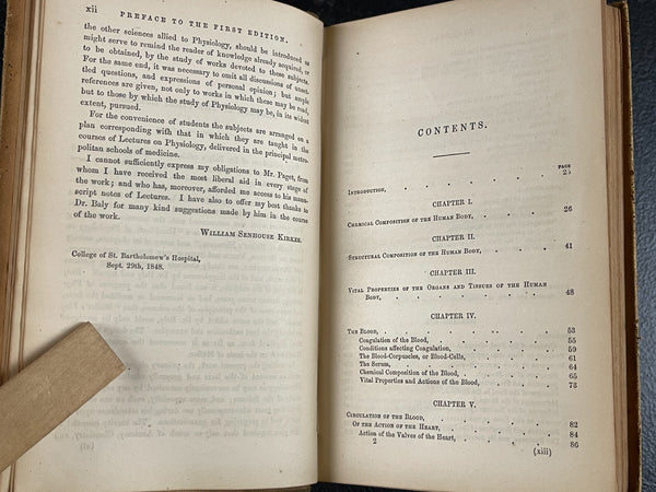 1857 Manual of Physiology Kirkes, Medical Leather Bound Heart Brain Vision Illus., Very Good Copy Of Rare Work!