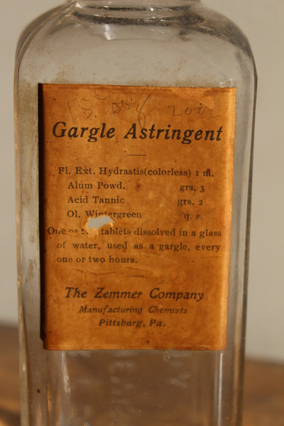 Fund Raiser - MEDICINE PHARMACY GARGLE ASTRINGENT Zimmer Co. Pittsburg, Pa. Label & Embossed