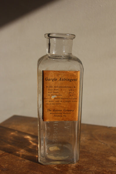 Fund Raiser - MEDICINE PHARMACY GARGLE ASTRINGENT Zimmer Co. Pittsburg, Pa. Label & Embossed
