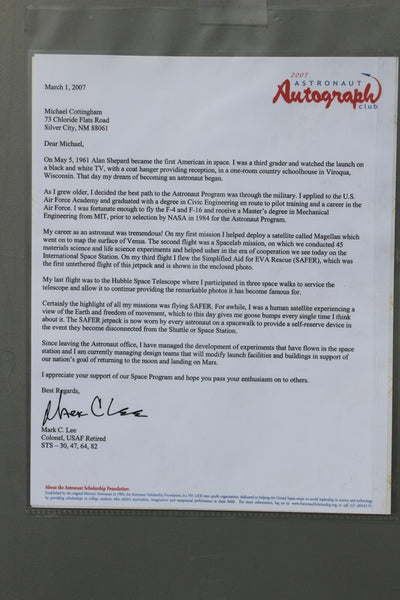 FUND RAISER -  Astronaut Autograph - MARK C. LEE 2007 Astronaut Club - Signed Letter