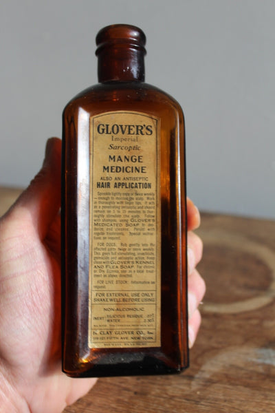 Fund Raiser - MEDICINE BOTTLE GLOVER'S MANGE MEDICINE Label Embossed Fine Condition