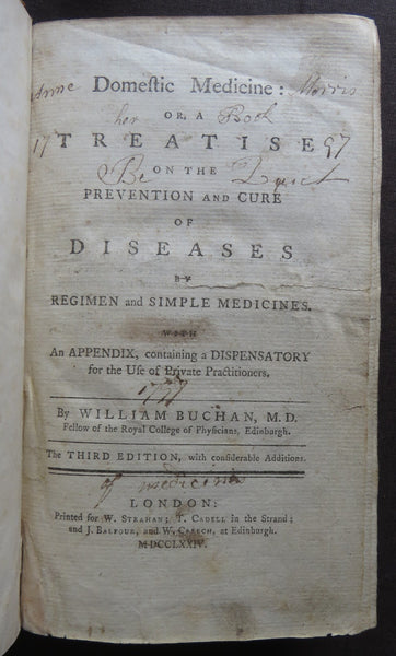 DOMESTIC MEDICINE ~1774~ PREVENTION & CURE DISEASES Dispensatory BUCHAN
