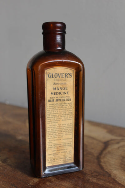 Fund Raiser - MEDICINE BOTTLE GLOVER'S MANGE MEDICINE Label Embossed Fine Condition