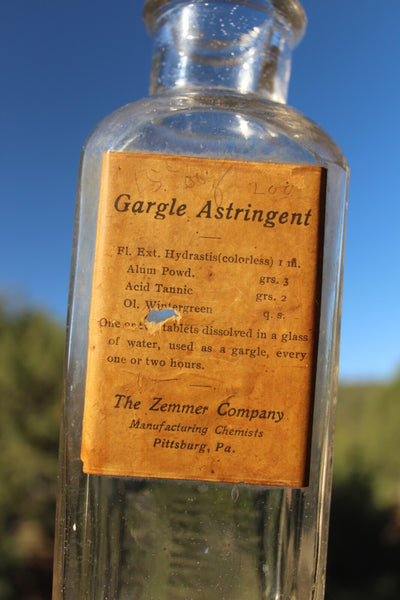 Fund Raiser - MEDICINE PHARMACY GARGLE ASTRINGENT Zimmer Co. Pittsburg, Pa. Label & Embossed