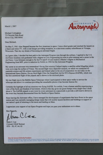 FUND RAISER -  Astronaut Autograph - MARK C. LEE 2007 Astronaut Club - Signed Letter