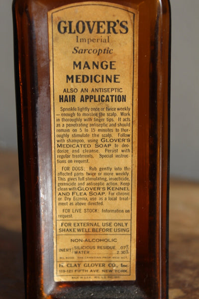 Fund Raiser - MEDICINE BOTTLE GLOVER'S MANGE MEDICINE Label Embossed Fine Condition