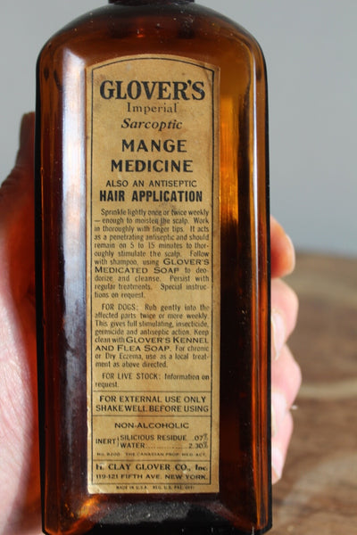 Fund Raiser - MEDICINE BOTTLE GLOVER'S MANGE MEDICINE Label Embossed Fine Condition