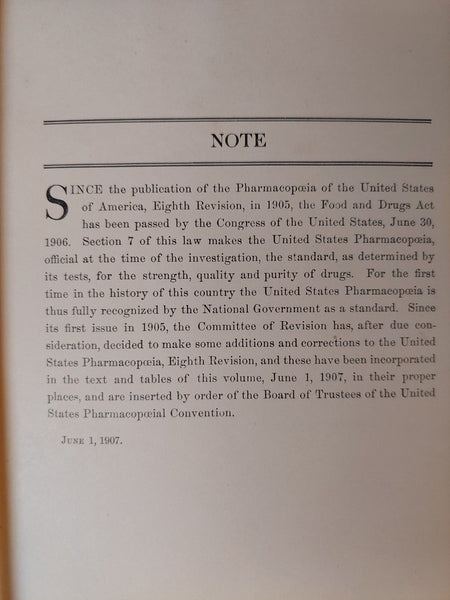 Pharmacopeia of the United States Eighth Decennial Revision, 1907 Official Remedies - Very Good