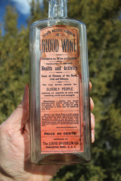 Old Apothecary Bottle - Circa 1890's - BLOOD WINE Scarce with Label   -  Please No Discount Codes On This Listing