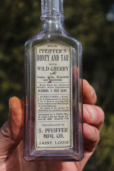 Old Apothecary Bottle - Circa 1880 -  PFEIFFER'S  HONEY AND TAR with WILD CHERRY - Saint Louis - ATTIC MINT - Please No Discount Codes On This Listing