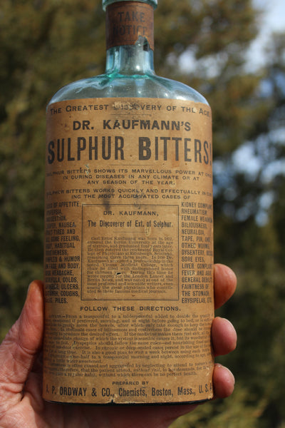Old Apothecary Bottle - Circa 1890's - DR. KAUFMANN's  SULPHUR BITTERS with Label  -  Please No Discount Codes On This Listing