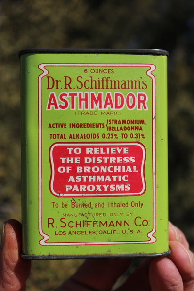 Old Apothecary Bottle - Circa 1900 - 1930  DR. R. SCHIFFMANN's  ASTHMADOR  -  Los Angeles, Ca.  Green Tin with about 85% of original contents! - Please No Discount Codes On This Listing