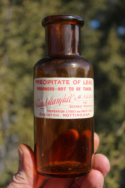 Old Apothecary Bottle - Circa 1900 - Amber Poison Bottle - PRECIPITATE OF LEAD - Nice Label From The Botanic Pharmacy in Nottingham, England - Please No Discount Codes On This Listing