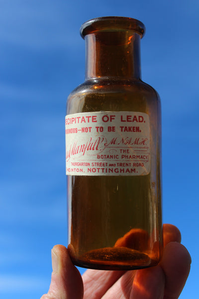 Old Apothecary Bottle - Circa 1900 - Amber Poison Bottle - PRECIPITATE OF LEAD - Nice Label From The Botanic Pharmacy in Nottingham, England - Please No Discount Codes On This Listing