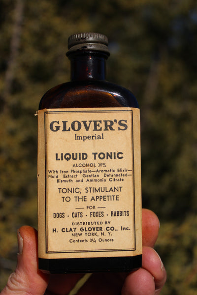 Old Apothecary Bottle - Circa 1930's - Veterinarian Medicine - GLOVER'S IMPERIAL LIQUID TONIC W/Contents    H. Clay Glover D.V.S.  New York - Please No Discount Codes On This Listing