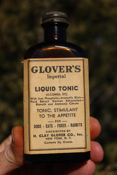 Old Apothecary Bottle - Circa 1930's - Veterinarian Medicine - GLOVER'S IMPERIAL LIQUID TONIC W/Contents    H. Clay Glover D.V.S.  New York - Please No Discount Codes On This Listing