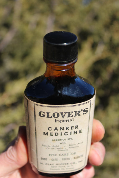 Old Apothecary Bottle - Circa 1930's - Veterinarian Medicine - GLOVER'S IMPERIAL LIQUID CANKER MEDICINE  W/Contents    H. Clay Glover D.V.S.  New York - Please No Discount Codes On This Listing