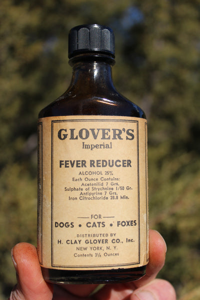 Old Apothecary Bottle - Circa 1930's - Veterinarian Medicine - GLOVER'S IMPERIAL FEVER REDUCER   W/Contents    H. Clay Glover D.V.S.  New York - Please No Discount Codes On This Listing