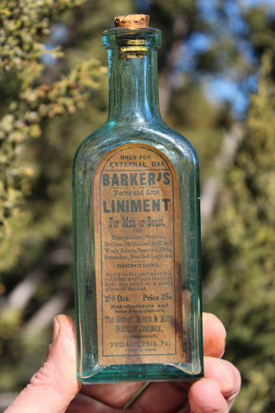 Old Apothecary Bottle - Circa 1870 -  A Beauty with Label - BARKER'S Nerve And Bone LINIMENT For Man Or Beast - Embossed On Two Panels, Philadelphia - Great Label!  - Please No Discount Codes On This Listing