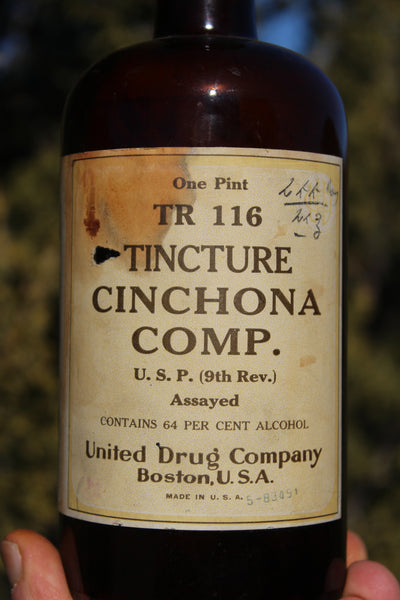 Old Apothecary Bottle - Circa 1910 - One Pint TINCTURE CINCHONA COMP.  United Drug Company - Boston - 2 labels - Excellent Formula On Back - Please No Discount Codes On This Listing