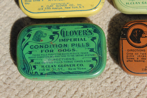 Old Apothecary Bottle  - Circa 1920 - Veterinarian Medicine - GLOVER"S Collection - 3 Bottles (2 with Boxes), Contents in 2 and 4 really Cool Metal Tins! Fine Condition  -  Please No Discount Codes On This Listing