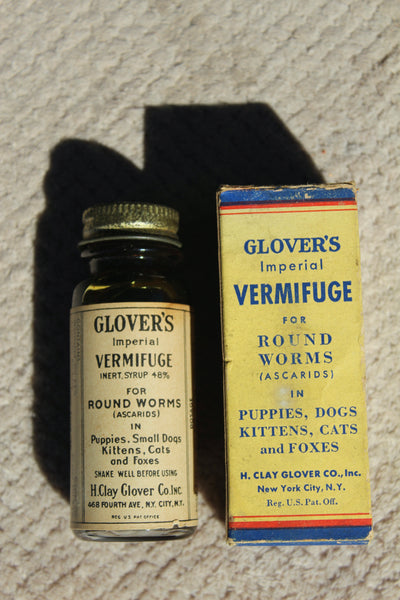 Old Apothecary Bottle  - Circa 1920 - Veterinarian Medicine - GLOVER"S Collection - 3 Bottles (2 with Boxes), Contents in 2 and 4 really Cool Metal Tins! Fine Condition  -  Please No Discount Codes On This Listing
