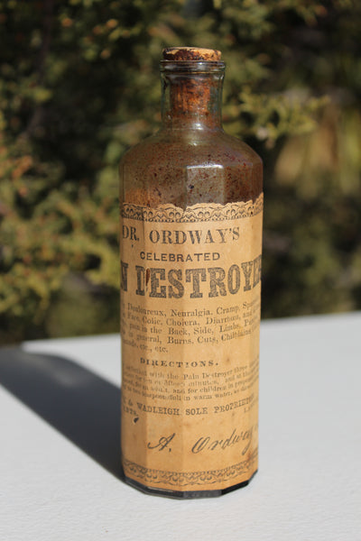 Old Apothecary Bottle  - Circa 1850 to 1860's - Open Pontil - DR. ORDWAY'S Celebrated PAIN DESTROYER - Lawrence, Mass. Rare w/Label -   Please No Discount Codes On This Listing