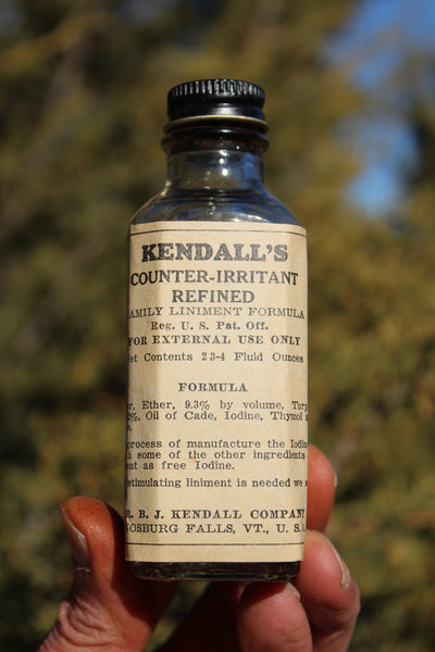Old Apothecary Bottle  - Circa 1940's - KENDALL'S  - COUNTER IRRITANT - Enosburg Falls, VT., Fine Condition w/Box, Label, and Contents   -  Please No Discount Codes On This Listing