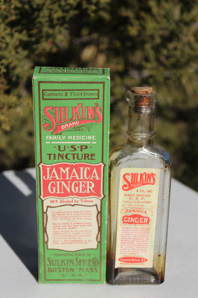 Old Apothecary Bottle  - Circa 1910 - SULKIN'S Brand JAMAICA GINGER  U.S.P.  Boston Mass  Fine with Box and Labeled Bottle -  Please No Discount Codes On This Listing