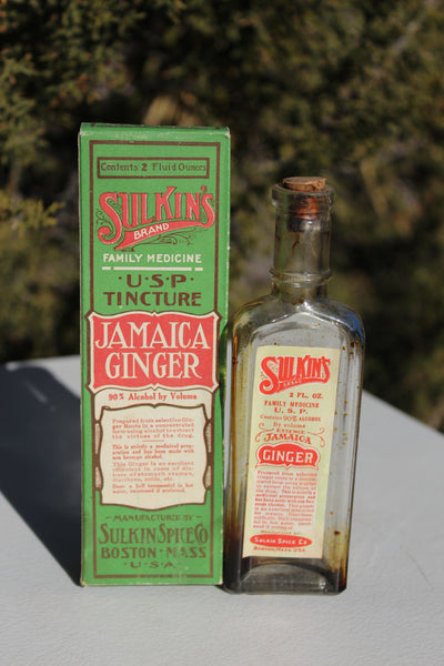 Old Apothecary Bottle  - Circa 1910 - SULKIN'S Brand JAMAICA GINGER  U.S.P.  Boston Mass  Fine with Box and Labeled Bottle -  Please No Discount Codes On This Listing