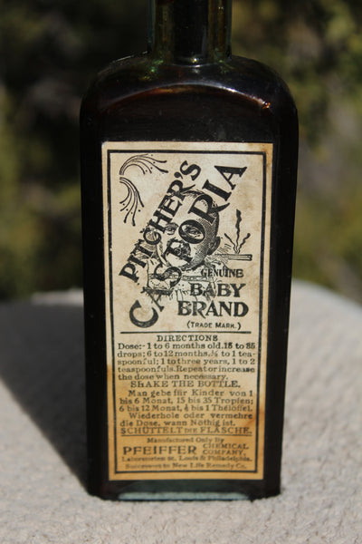 Old Apothecary Bottle  - Circa 1890 - PITCHER'S CASTORIA - Genuine Baby Brand - Embossed With Label & Contents - Very Fine -  Please No Discount Codes On This Listing